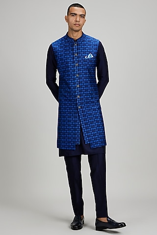 Blue Flat Raw Silk Ikat Printed Layered Sherwani by Bubber Couture