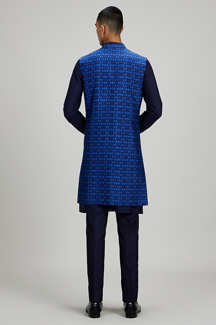 Blue Flat Raw Silk Ikat Printed Layered Wedding Sherwani by Bubber Couture at Pernia's Pop Up Shop