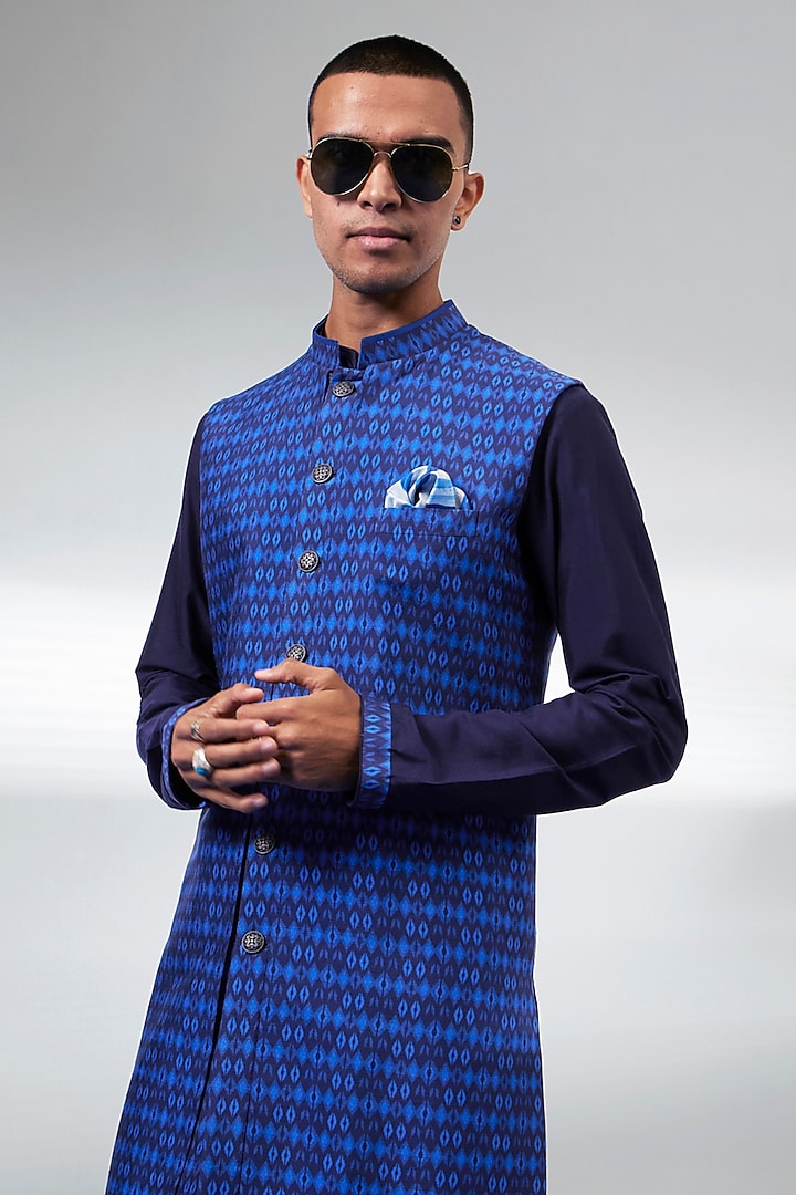 Blue Flat Raw Silk Ikat Printed Layered Wedding Sherwani by Bubber Couture at Pernia's Pop Up Shop