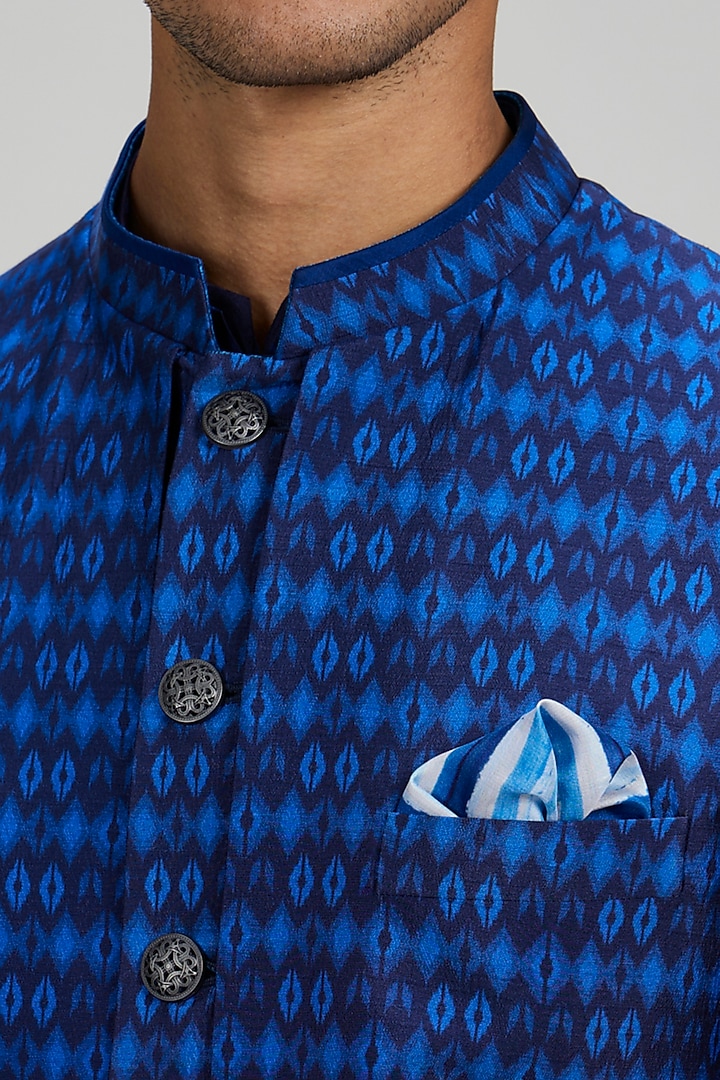 Blue Flat Raw Silk Ikat Printed Layered Wedding Sherwani by Bubber Couture at Pernia's Pop Up Shop
