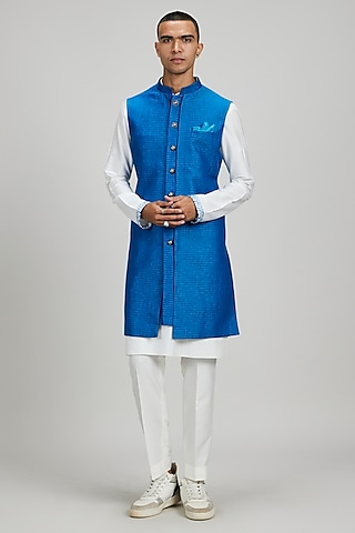 Blue Jacquard Layered Sherwani by Bubber Couture