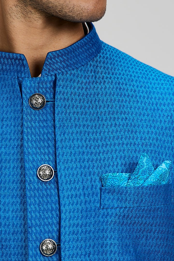 Blue Jacquard Layered Wedding Sherwani by Bubber Couture at Pernia's Pop Up Shop