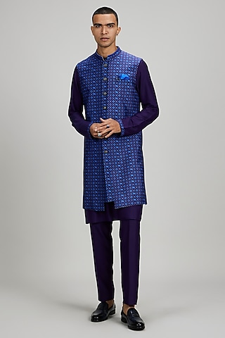 Indigo Blue Flat Raw Silk Patola Printed Layered Sherwani by Bubber Couture