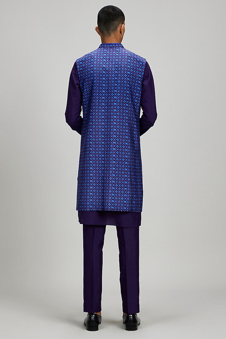 Indigo Blue Flat Raw Silk Patola Printed Layered Wedding Sherwani by Bubber Couture at Pernia's Pop Up Shop
