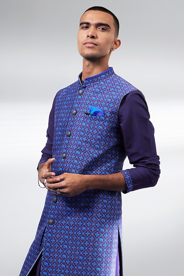 Indigo Blue Flat Raw Silk Patola Printed Layered Wedding Sherwani by Bubber Couture at Pernia's Pop Up Shop