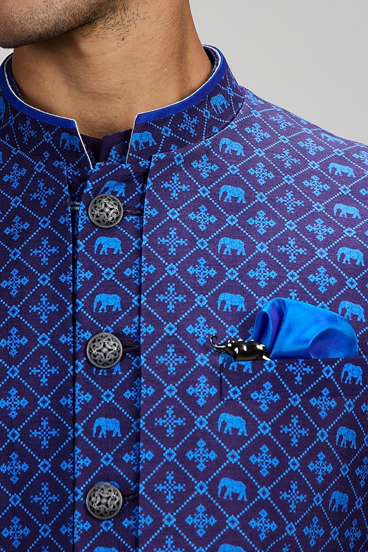 Indigo Blue Flat Raw Silk Patola Printed Layered Wedding Sherwani by Bubber Couture at Pernia's Pop Up Shop