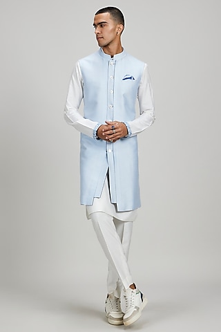 Powder Blue Jacquard Silk Layered Sherwani by Bubber Couture