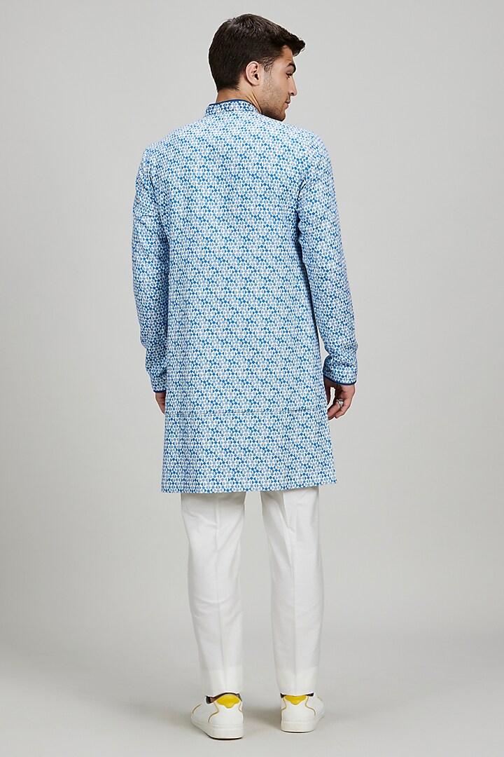 Blue Textured Cotton Pixel Printed Kurta Set by Bubber Couture at Pernia's Pop Up Shop