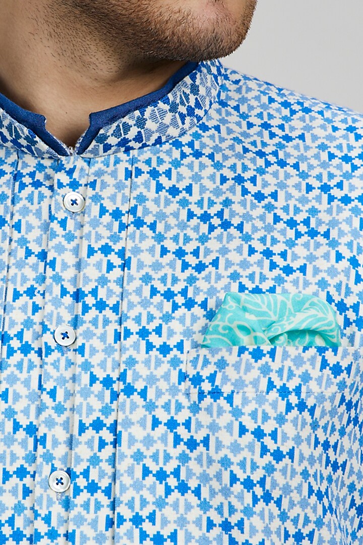 Blue Textured Cotton Pixel Printed Kurta Set by Bubber Couture at Pernia's Pop Up Shop