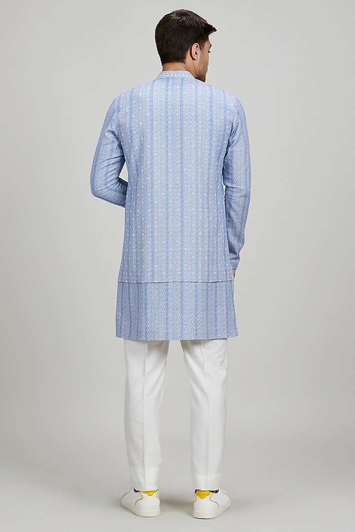 Blue Textured Cotton Foliage Printed & Embroidered Kurta Set by Bubber Couture at Pernia's Pop Up Shop