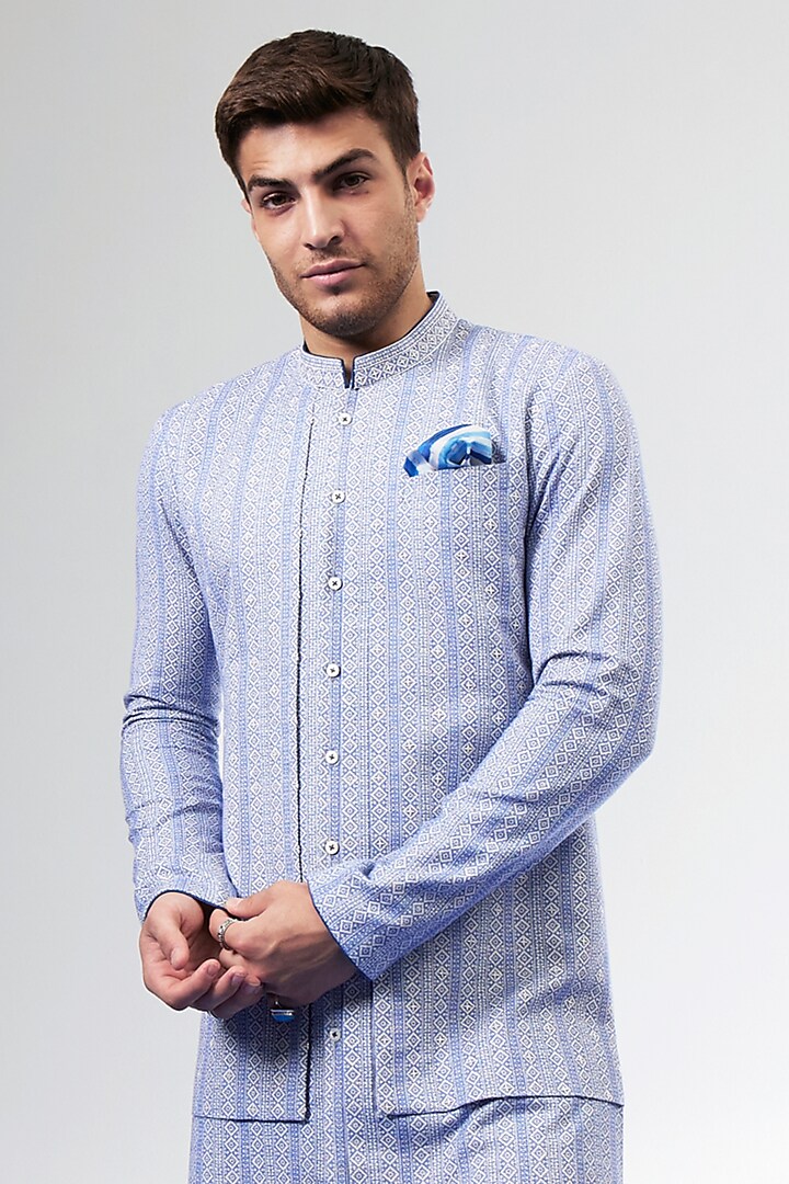 Blue Textured Cotton Foliage Printed & Embroidered Kurta Set by Bubber Couture at Pernia's Pop Up Shop