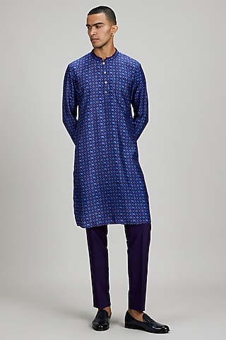 Blue Flat Raw Silk Patola Digital Printed Kurta Set by Bubber Couture