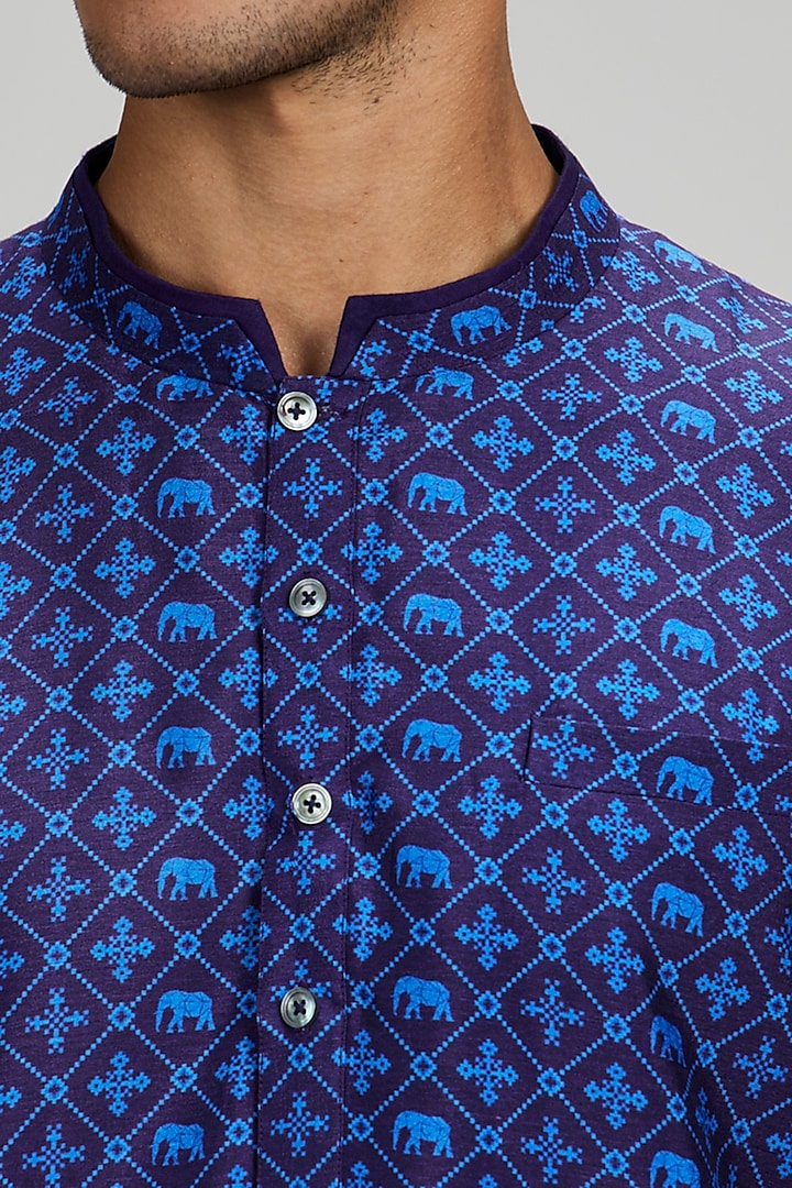 Blue Flat Raw Silk Patola Digital Printed Kurta Set by Bubber Couture at Pernia's Pop Up Shop