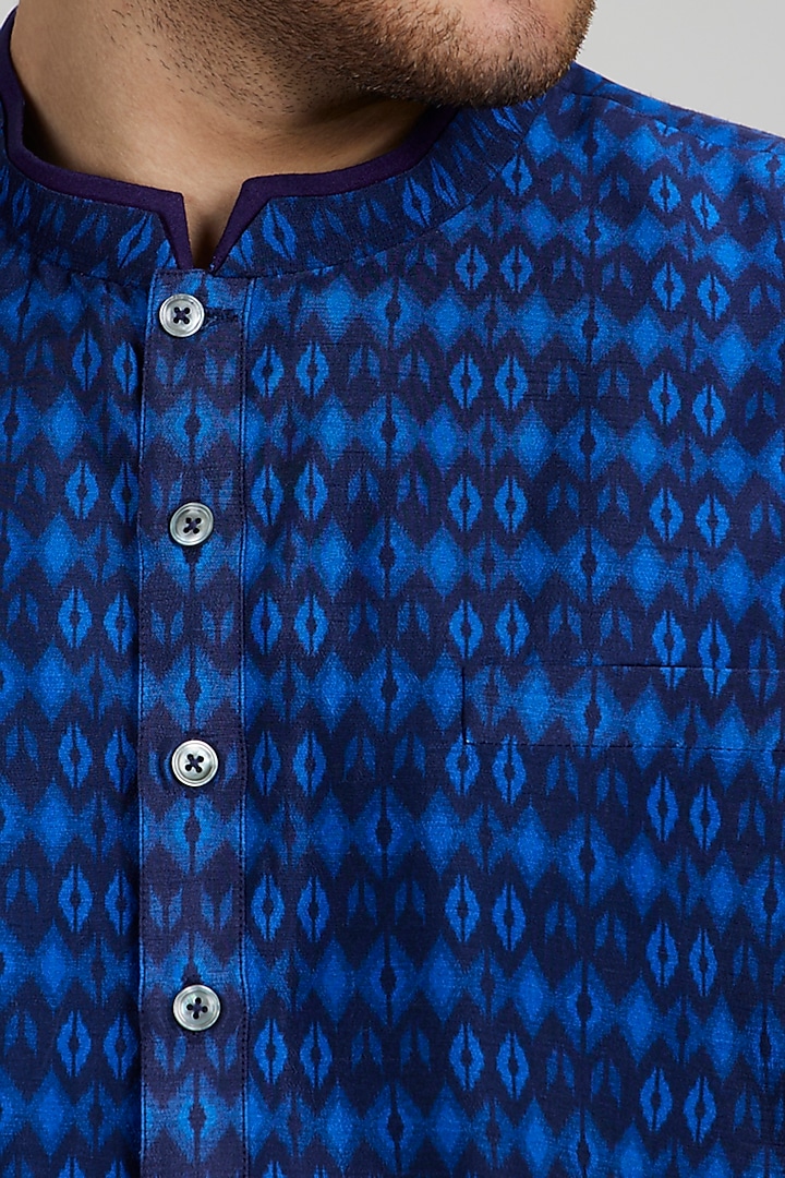 Navy Blue Flat Raw Silk Ikat Digital Printed Kurta Set by Bubber Couture at Pernia's Pop Up Shop