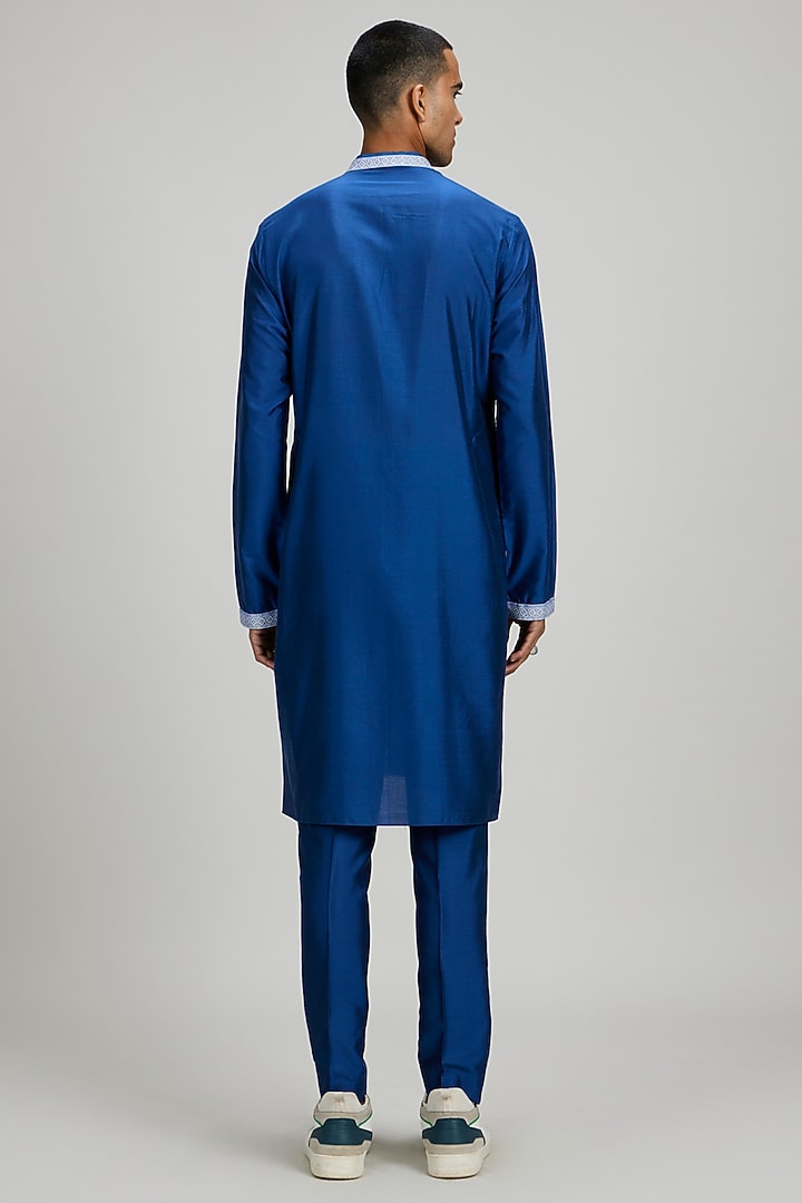 Cobalt Blue Cotton Silk Foliage Printed Kurta Set by Bubber Couture at Pernia's Pop Up Shop