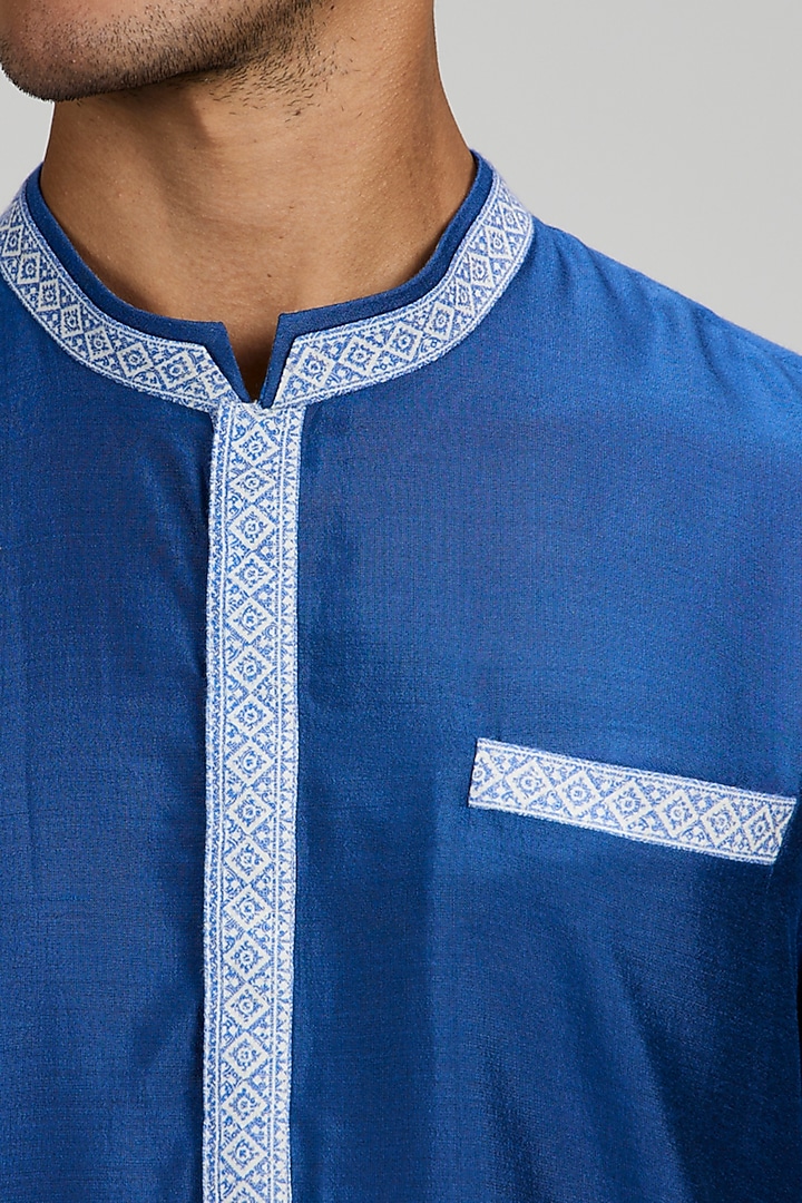 Cobalt Blue Cotton Silk Foliage Printed Kurta Set by Bubber Couture at Pernia's Pop Up Shop