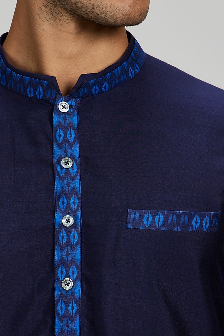 Navy Cotton Silk Ikat Printed Kurta Set by Bubber Couture at Pernia's Pop Up Shop
