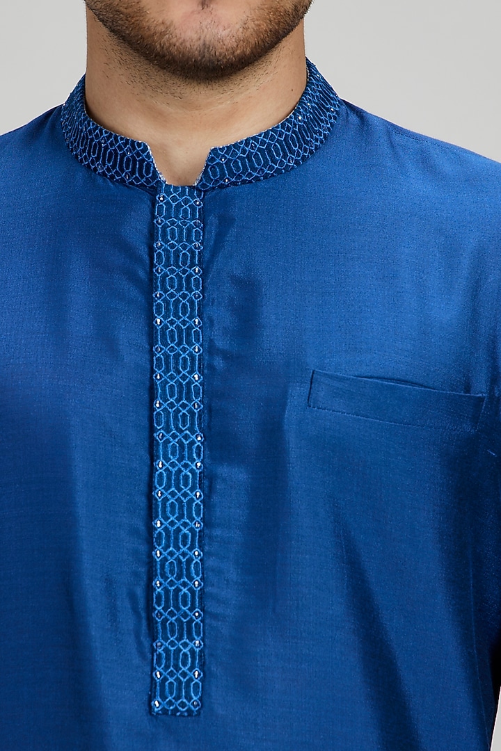 Cobalt Blue Cotton Silk Cutdana Embroidered Kurta Set by Bubber Couture at Pernia's Pop Up Shop