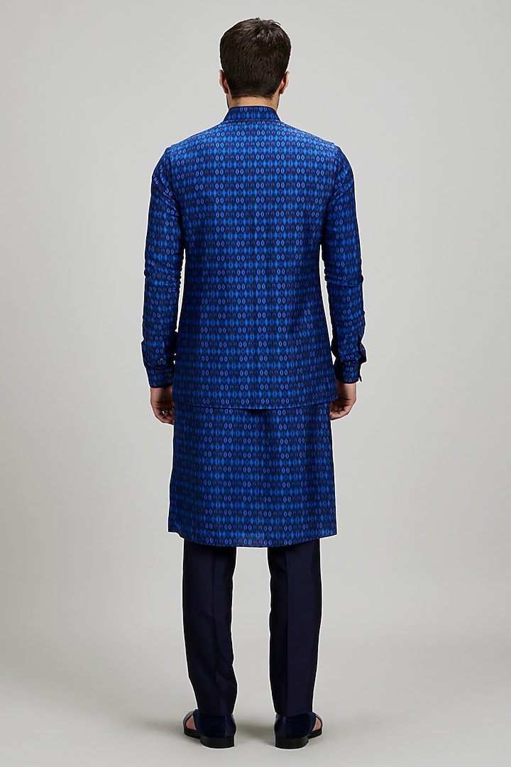 Navy Blue Flat Raw Silk Ikat Printed Bundi Jacket by Bubber Couture at Pernia's Pop Up Shop