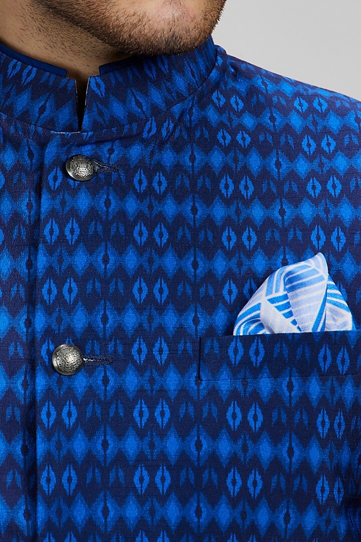 Navy Blue Flat Raw Silk Ikat Printed Bundi Jacket by Bubber Couture at Pernia's Pop Up Shop