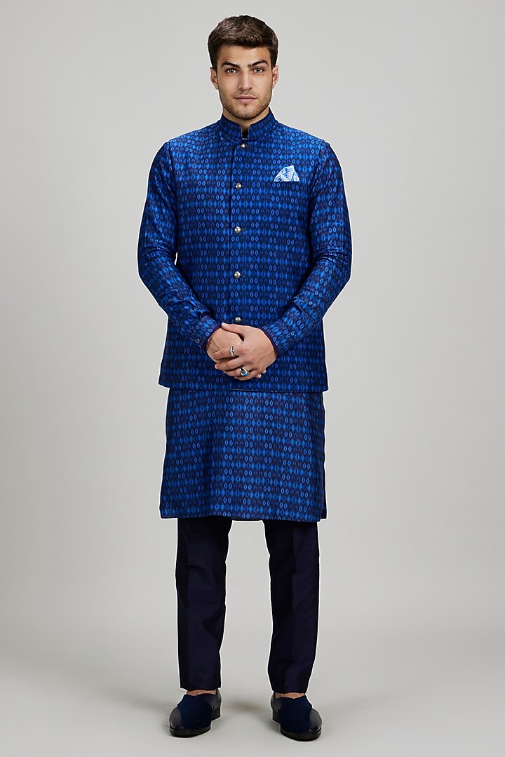 Navy Blue Flat Raw Silk Ikat Printed Bundi Jacket by Bubber Couture at Pernia's Pop Up Shop