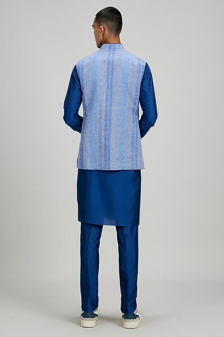Blue Linen Stripe Bundi Jacket by Bubber Couture at Pernia's Pop Up Shop