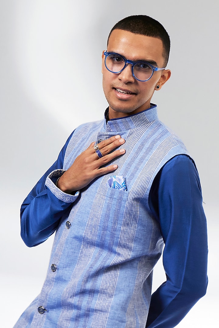 Blue Linen Stripe Bundi Jacket by Bubber Couture at Pernia's Pop Up Shop