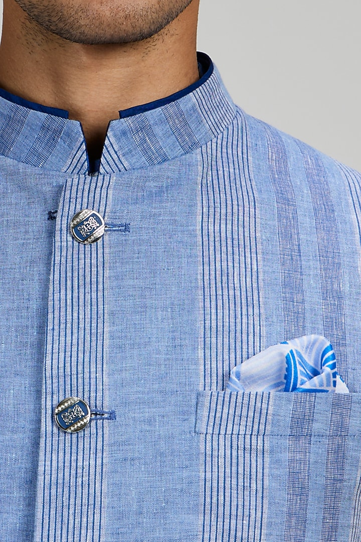 Blue Linen Stripe Bundi Jacket by Bubber Couture at Pernia's Pop Up Shop