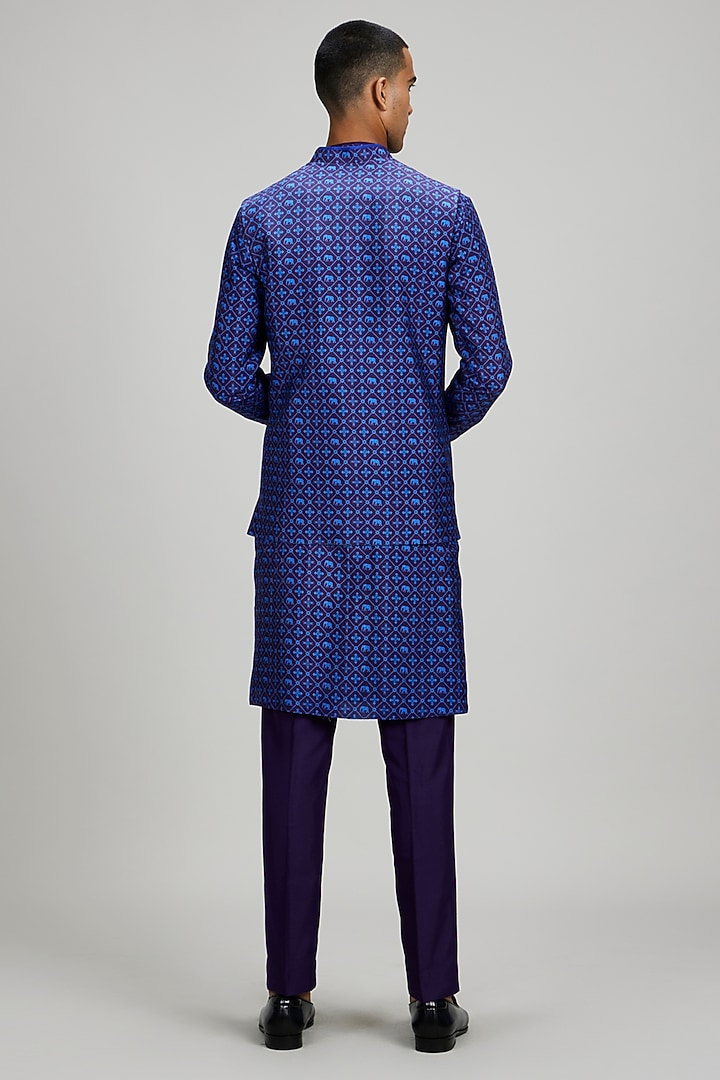 Indigo Blue Flat Raw Silk Patola Printed Bundi Jacket by Bubber Couture at Pernia's Pop Up Shop