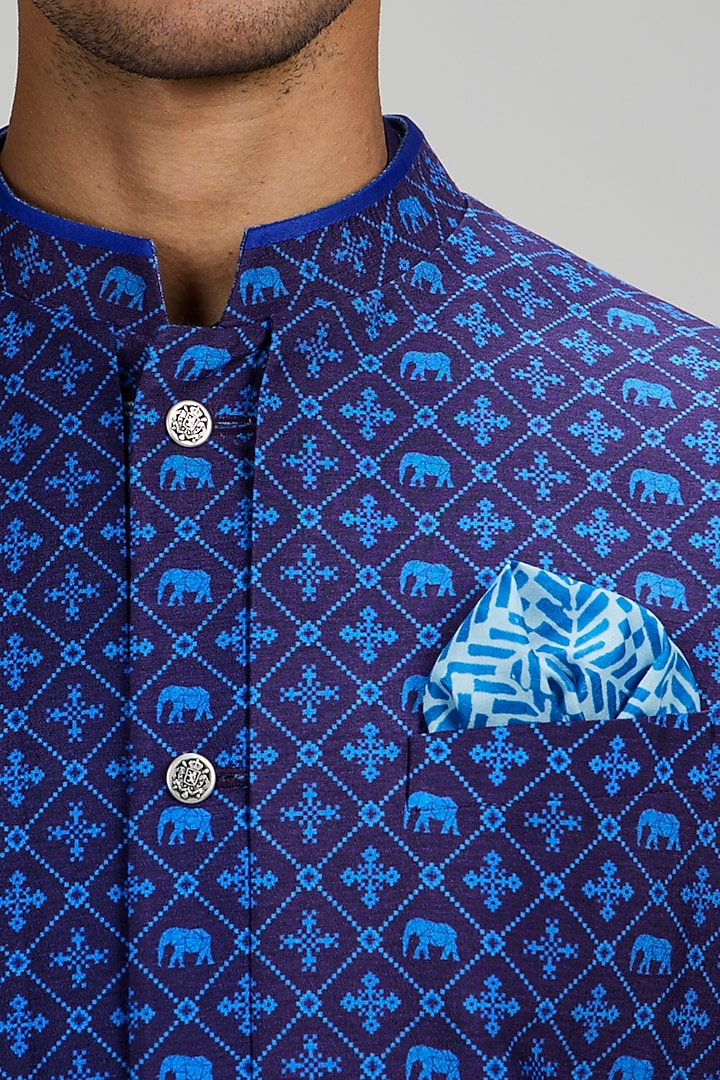 Indigo Blue Flat Raw Silk Patola Printed Bundi Jacket by Bubber Couture at Pernia's Pop Up Shop