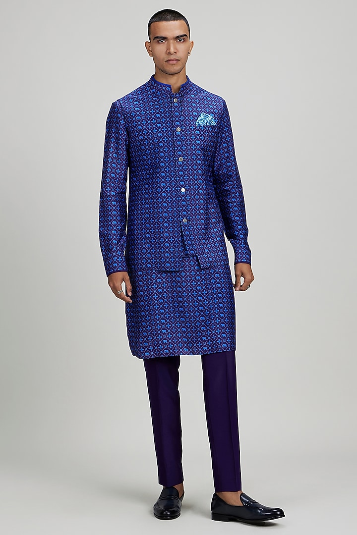 Indigo Blue Flat Raw Silk Patola Printed Bundi Jacket by Bubber Couture at Pernia's Pop Up Shop