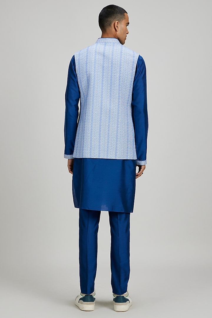 Blue Textured Cotton Foliage Printed Bundi Jacket by Bubber Couture at Pernia's Pop Up Shop