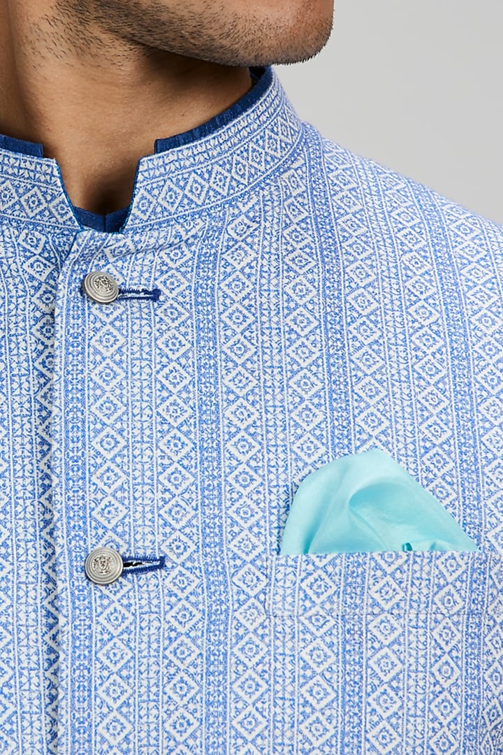 Blue Textured Cotton Foliage Printed Bundi Jacket by Bubber Couture at Pernia's Pop Up Shop