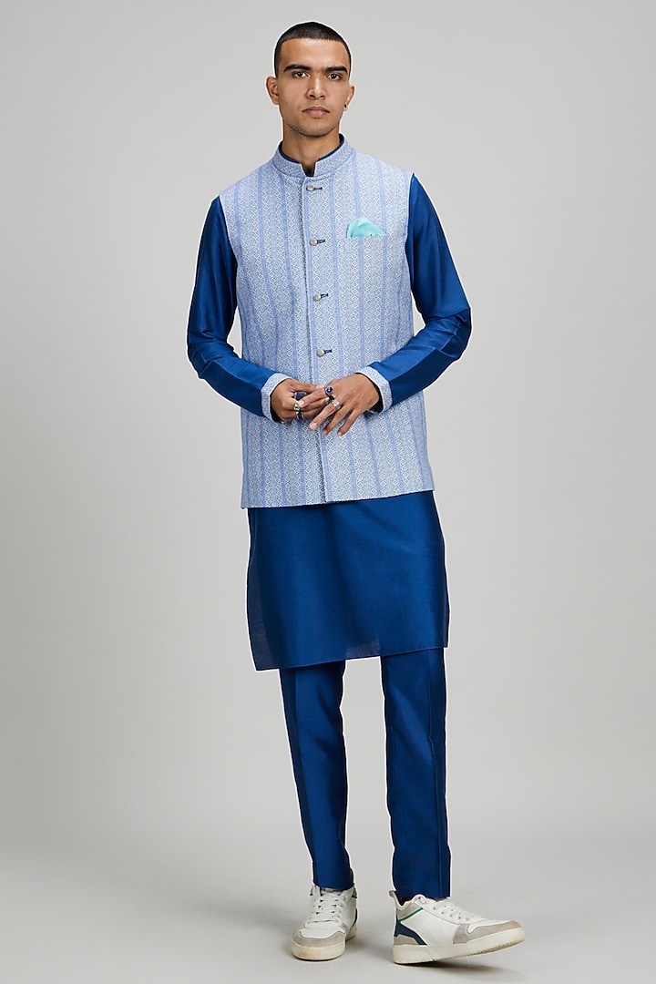 Blue Textured Cotton Foliage Printed Bundi Jacket by Bubber Couture at Pernia's Pop Up Shop