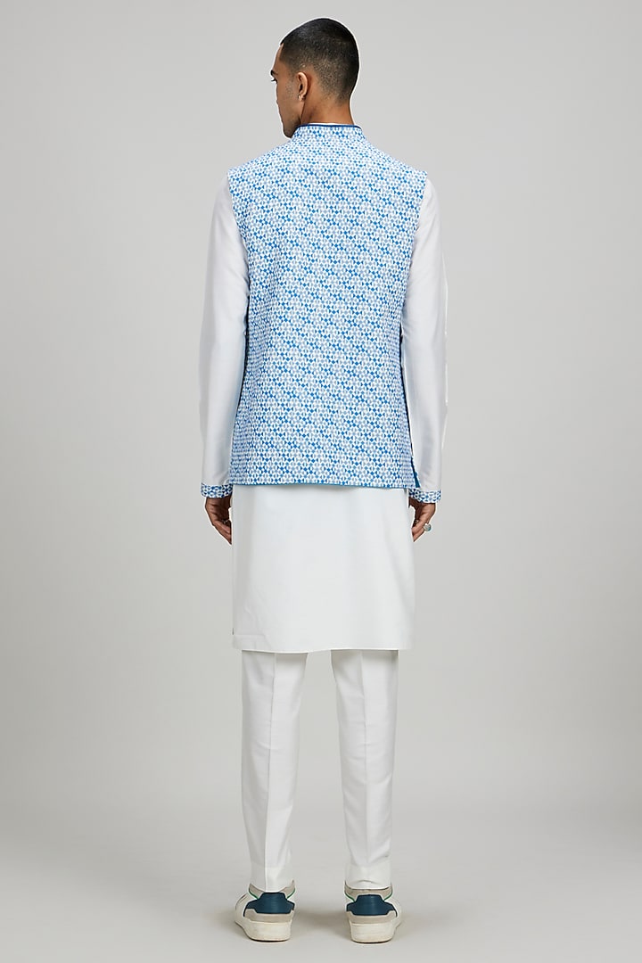 Sky Blue Textured Cotton Pixel Printed Layered Bundi Jacket by Bubber Couture at Pernia's Pop Up Shop