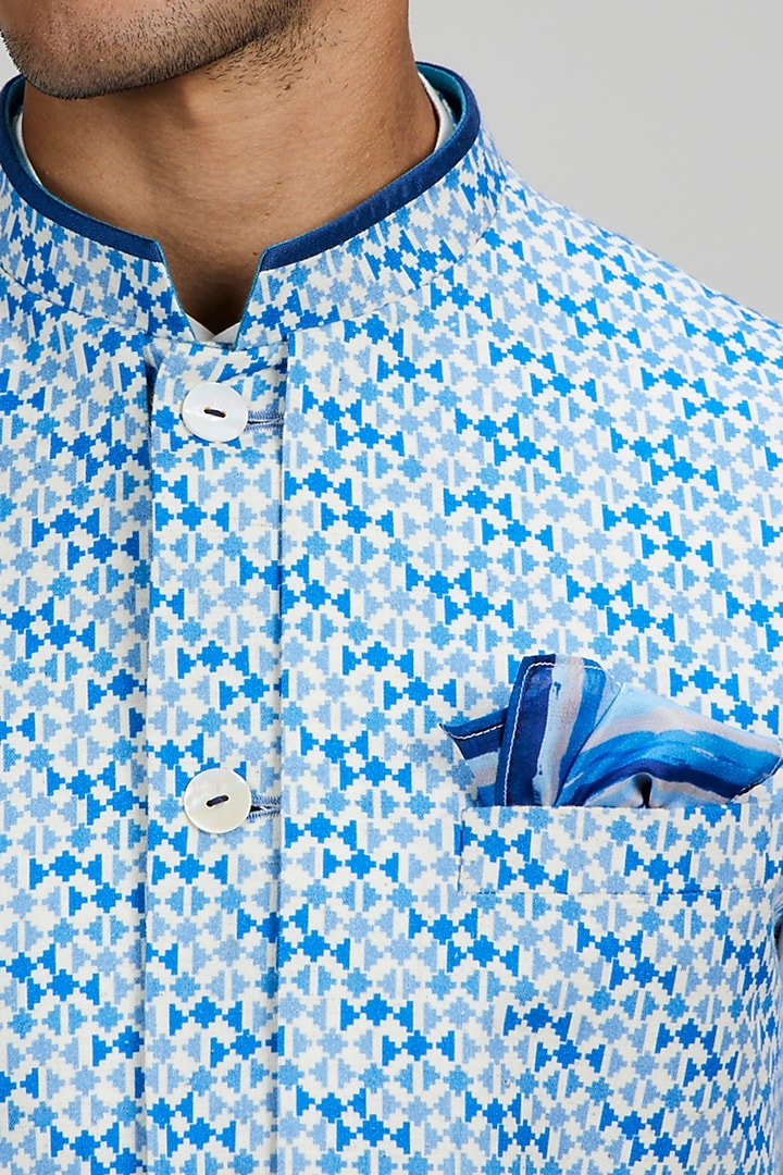 Sky Blue Textured Cotton Pixel Printed Layered Bundi Jacket by Bubber Couture at Pernia's Pop Up Shop