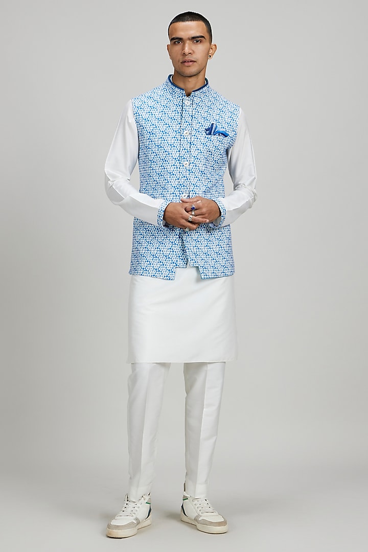 Sky Blue Textured Cotton Pixel Printed Layered Bundi Jacket by Bubber Couture at Pernia's Pop Up Shop