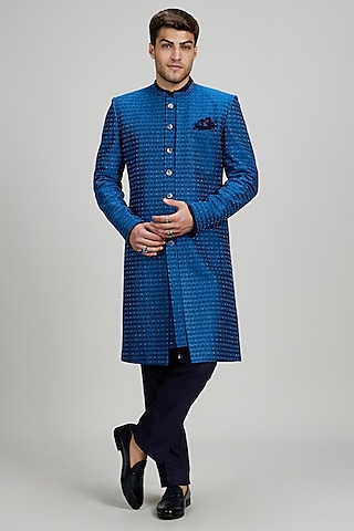 Cobalt Blue Chiniya Silk Cutdana Embroidered Layered Sherwani by Bubber Couture