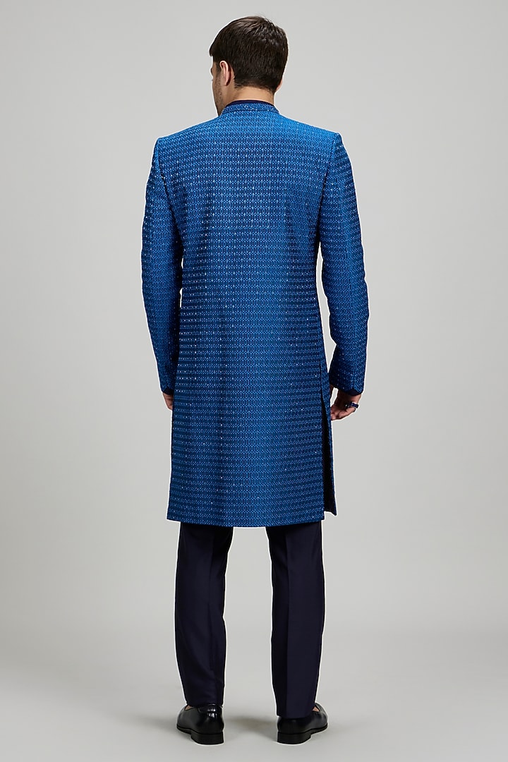 Cobalt Blue Chiniya Silk Cutdana Embroidered Layered Groom Sherwani by Bubber Couture at Pernia's Pop Up Shop