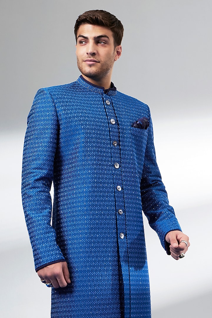 Cobalt Blue Chiniya Silk Cutdana Embroidered Layered Groom Sherwani by Bubber Couture at Pernia's Pop Up Shop