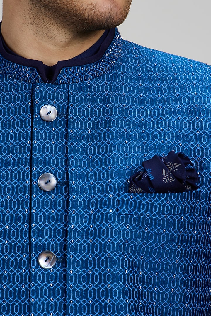 Cobalt Blue Chiniya Silk Cutdana Embroidered Layered Groom Sherwani by Bubber Couture at Pernia's Pop Up Shop