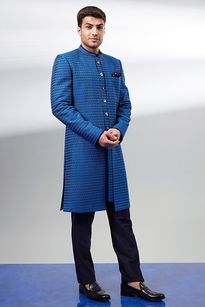 Cobalt Blue Chiniya Silk Cutdana Embroidered Layered Groom Sherwani by Bubber Couture at Pernia's Pop Up Shop