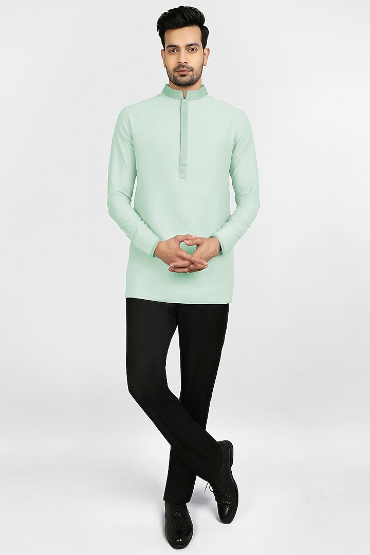 Mint Cotton Silk Embroidered Shirt Kurta by Bubber Couture at Pernia's Pop Up Shop