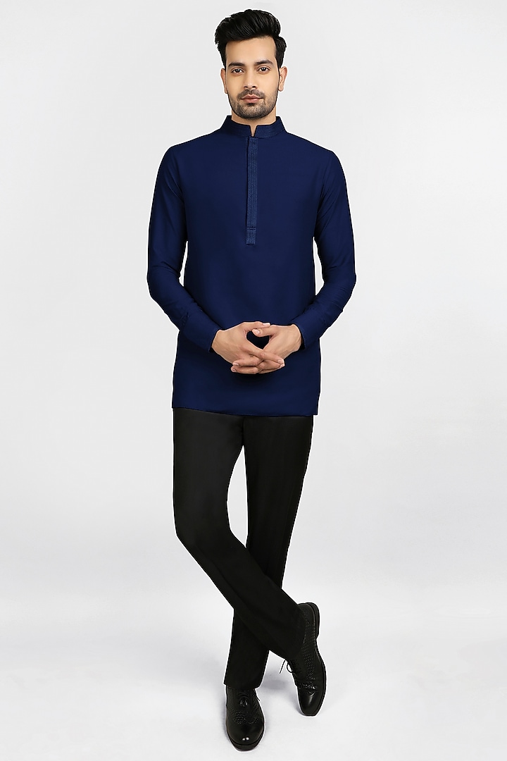 Indigo Blue Embroidered Shirt Kurta by Bubber Couture