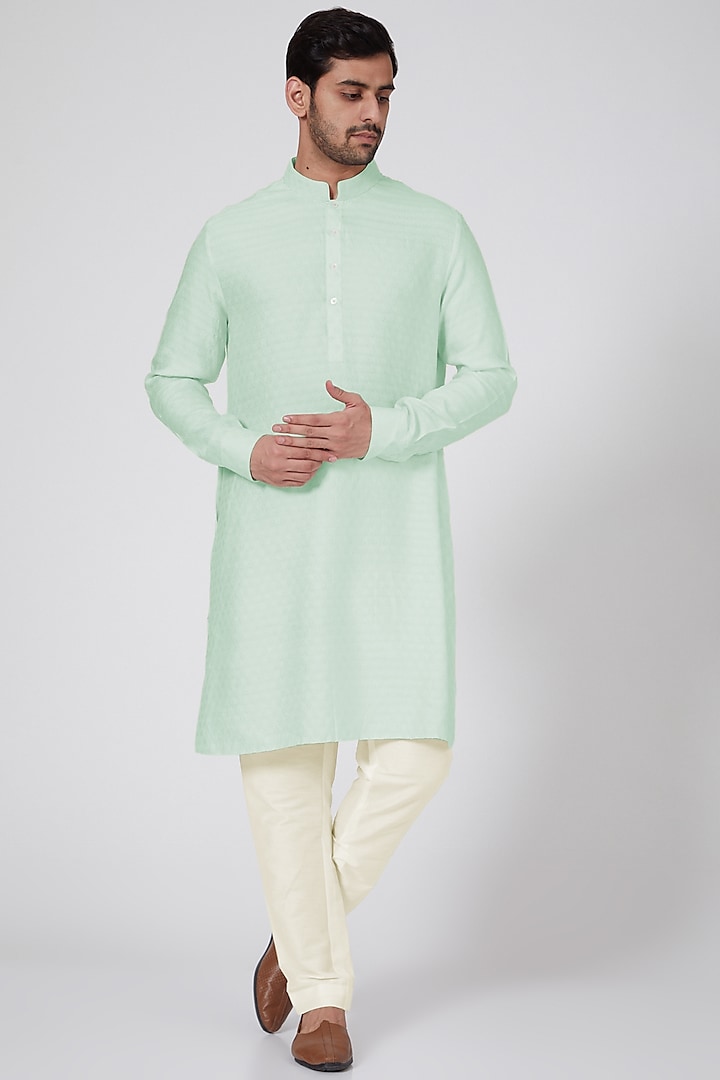 Mint Jacquard Silk Kurta Set by Bubber Couture