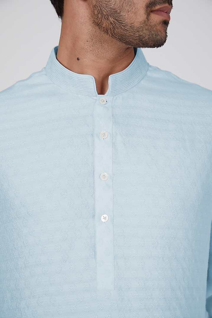 Powder Blue Jacquard Silk Kurta Set by Bubber Couture at Pernia's Pop Up Shop