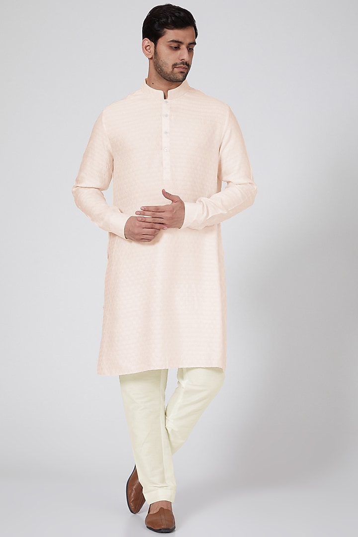 Peach Jacquard Silk Kurta Set by Bubber Couture