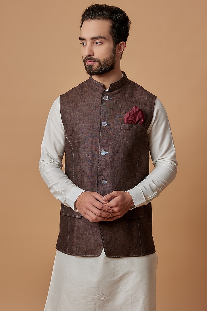 Brown Linen Bundi Jacket by Bubber Couture at Pernia's Pop Up Shop