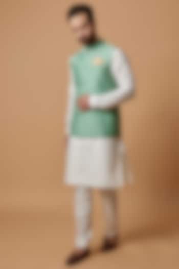 Sage Green Jacquard Silk Bundi Jacket by Bubber Couture