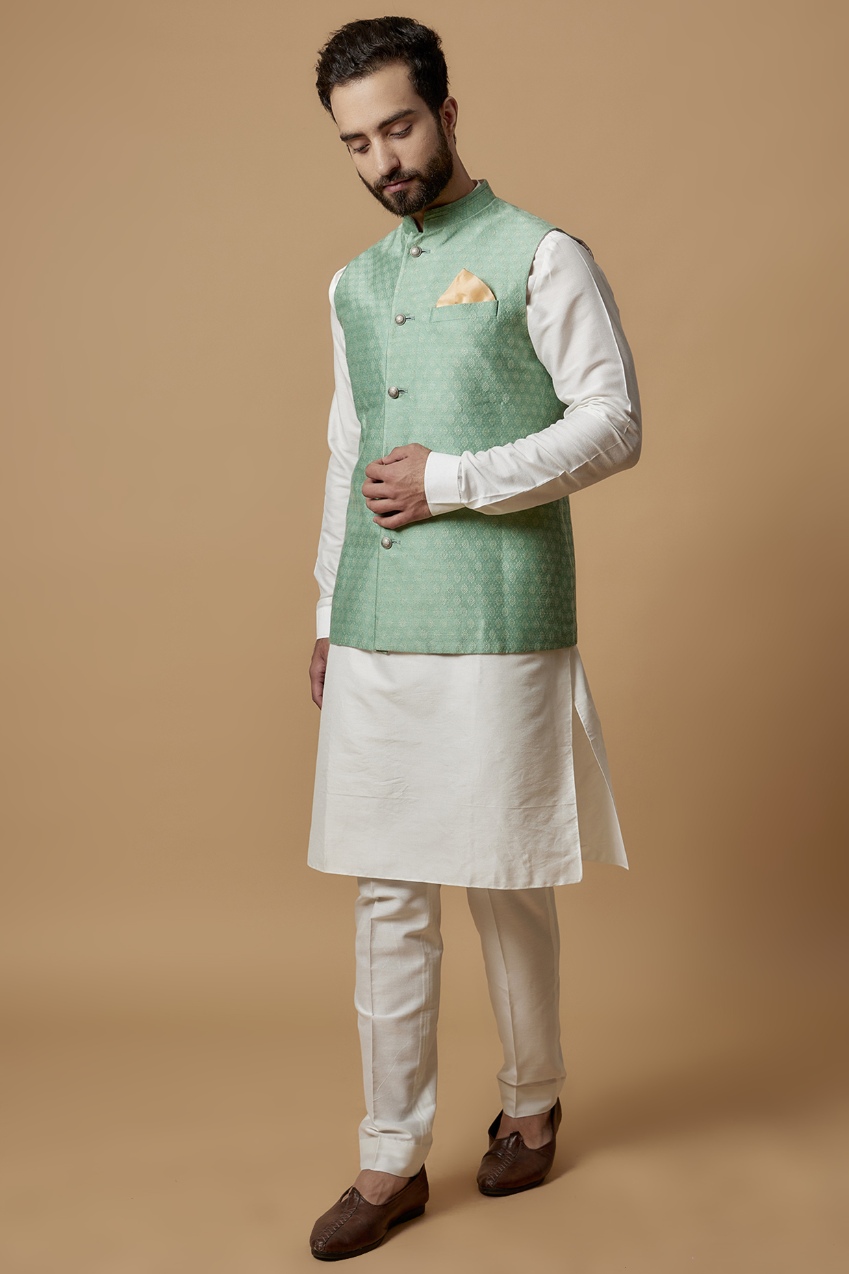 Sage Green Jacquard Silk Bundi Jacket by Bubber Couture